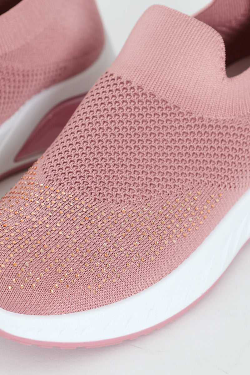 Knit Slip On Sneaker With Diamnte Detail - Blush