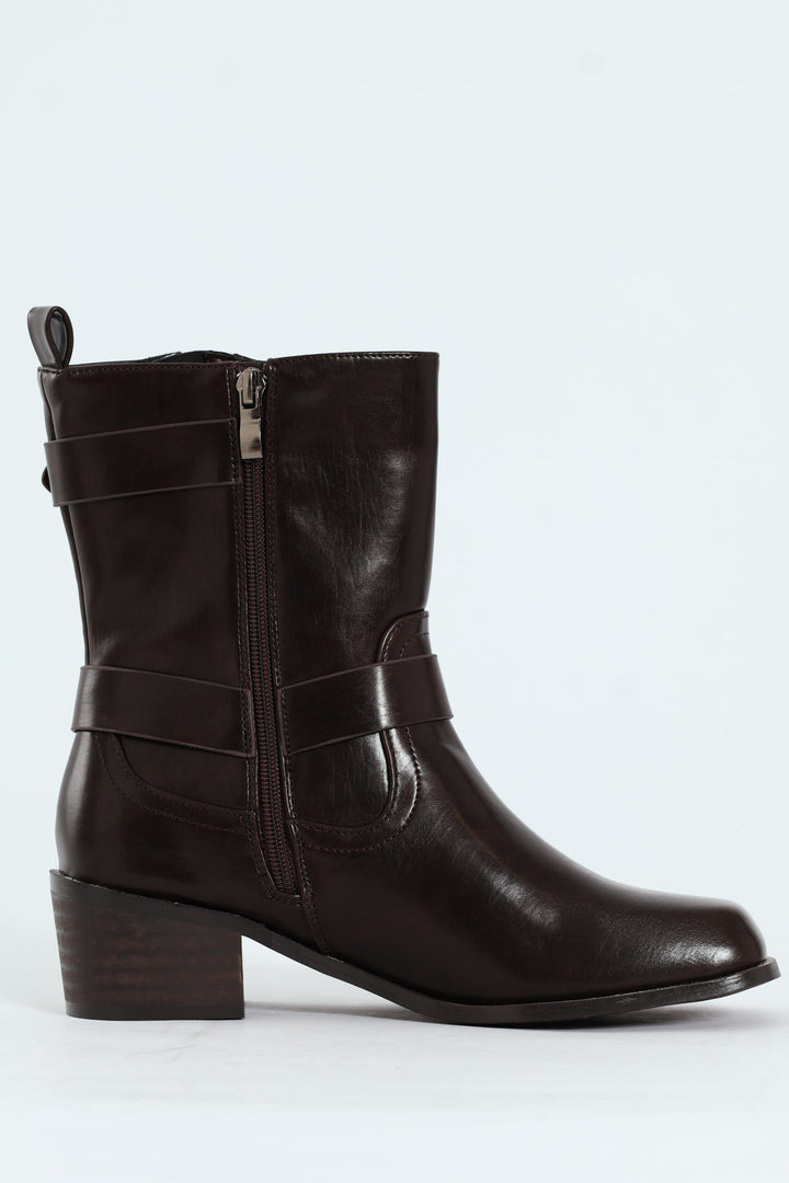Belted Chunky Military Boot - Chocolate