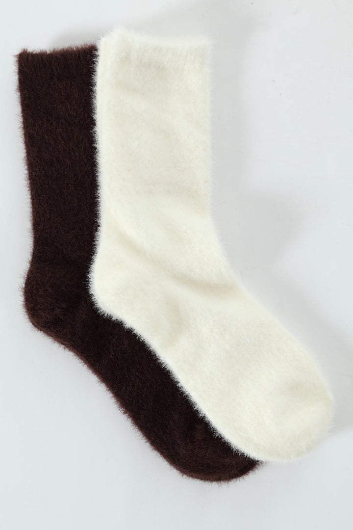 2 Pack Plain Cosy Fluffy Socks - Mid Brown