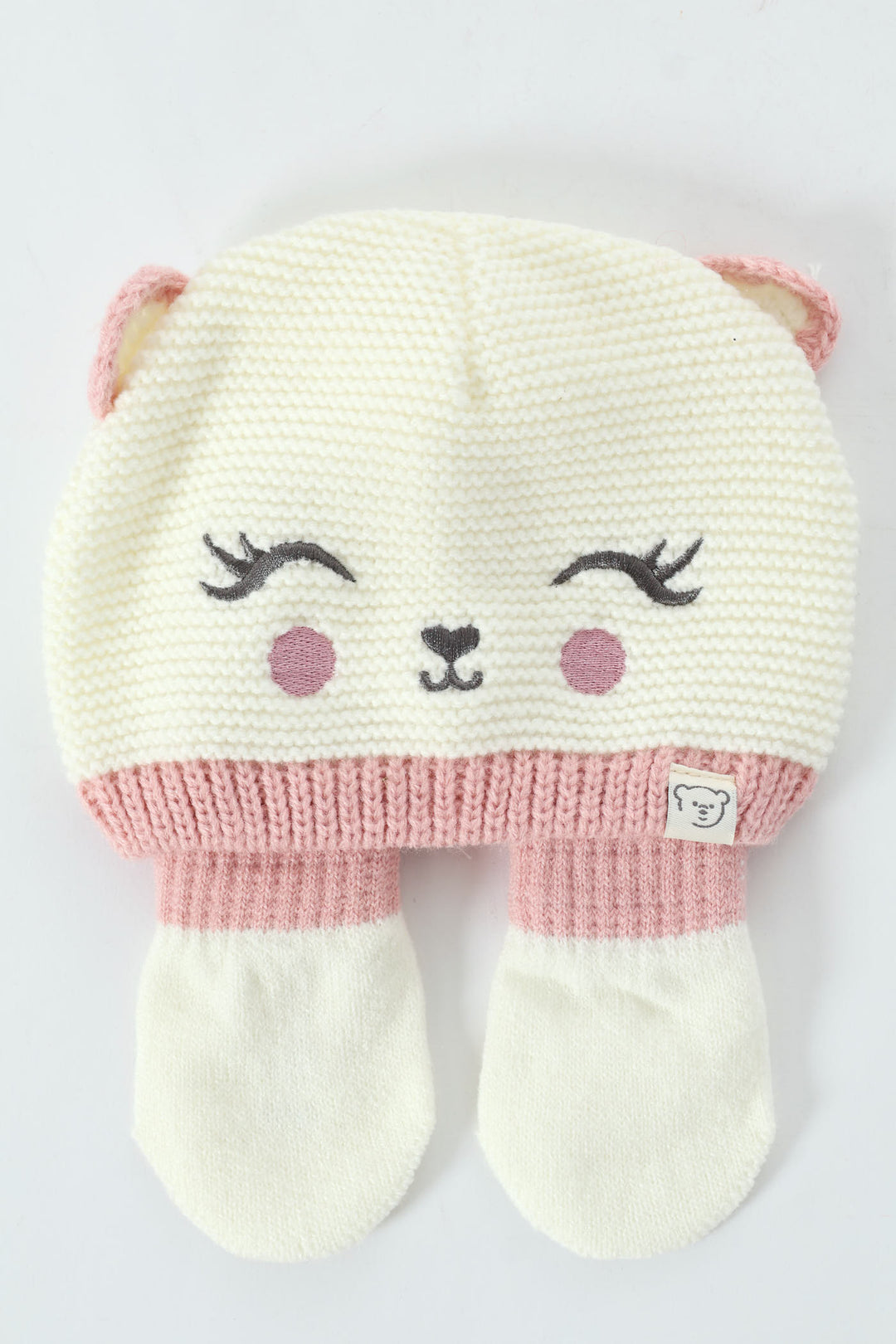 Baby Girls Bear Beanie & Mittens Set - Cream