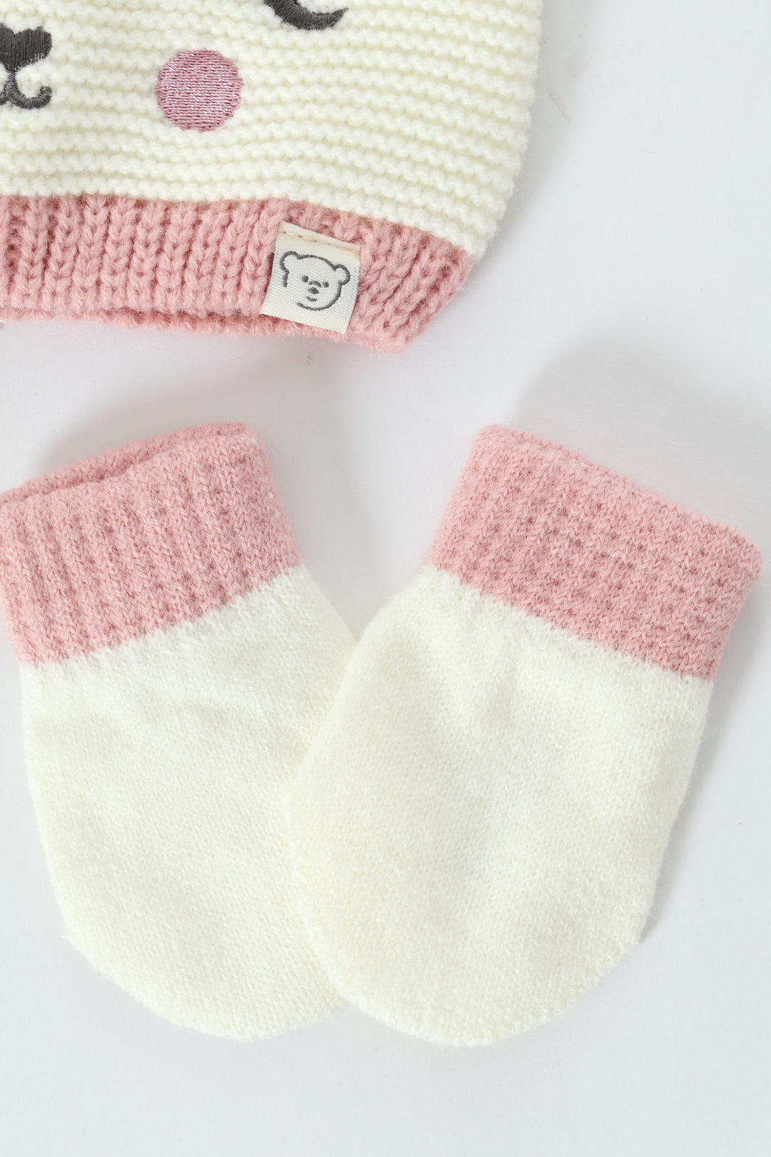 Baby Girls Bear Beanie & Mittens Set - Cream