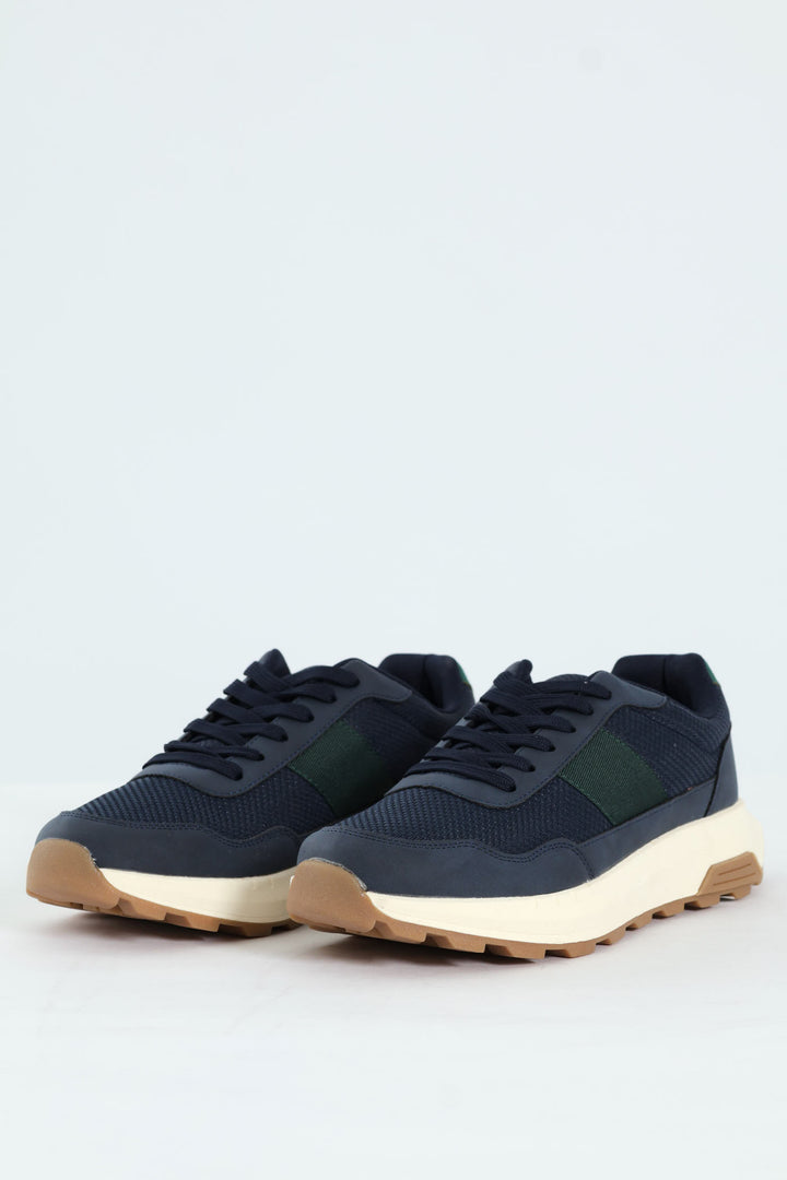 Lace Up Retro Stripe Trainer - Navy