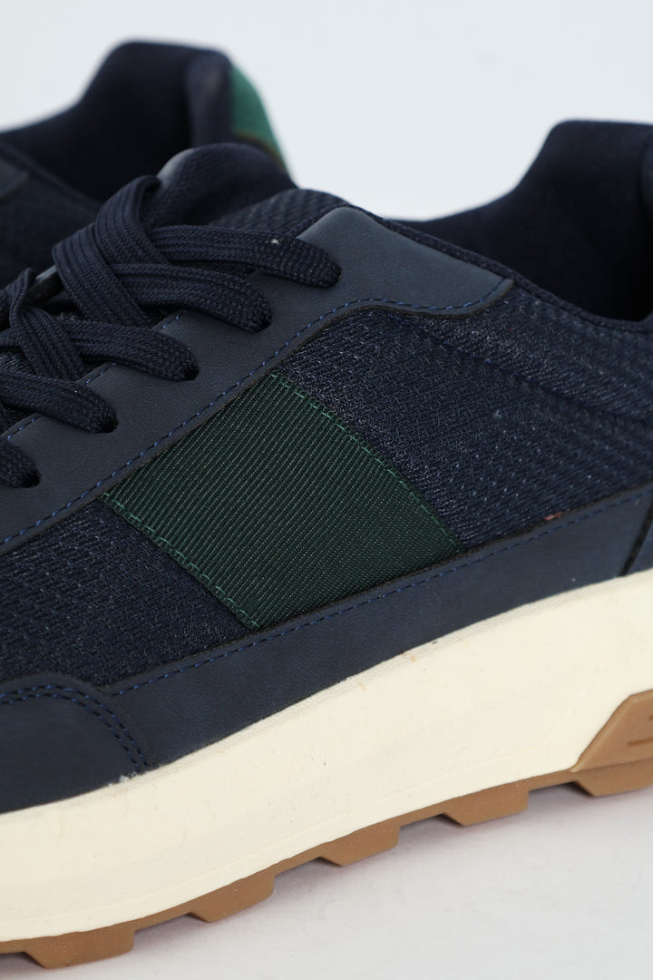 Lace Up Retro Stripe Trainer - Navy