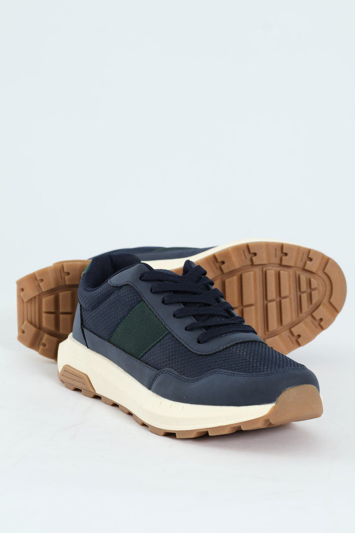 Lace Up Retro Stripe Trainer - Navy