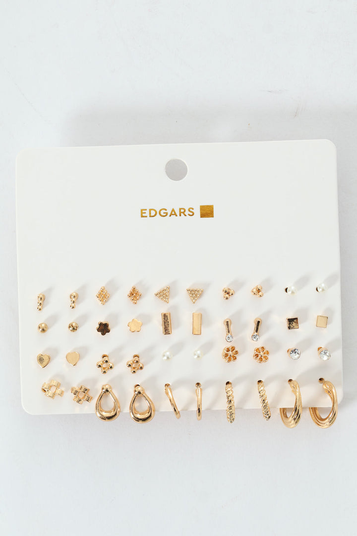 20 Pack Floral Stud Small Hoop Earrings - Gold