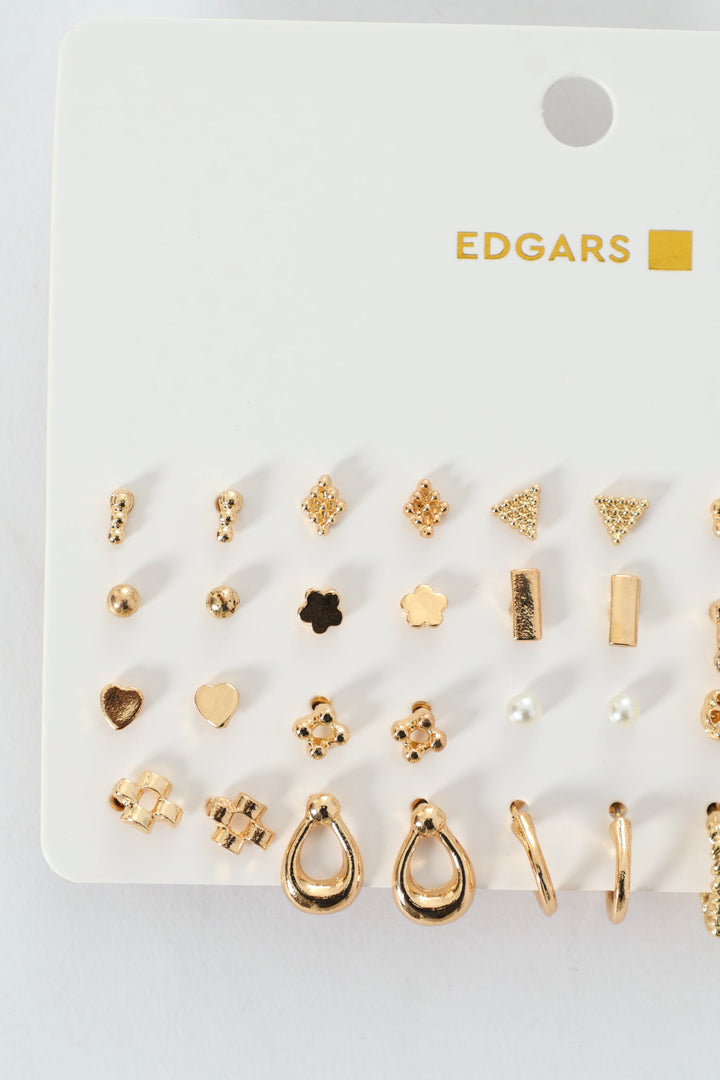 20 Pack Floral Stud Small Hoop Earrings - Gold