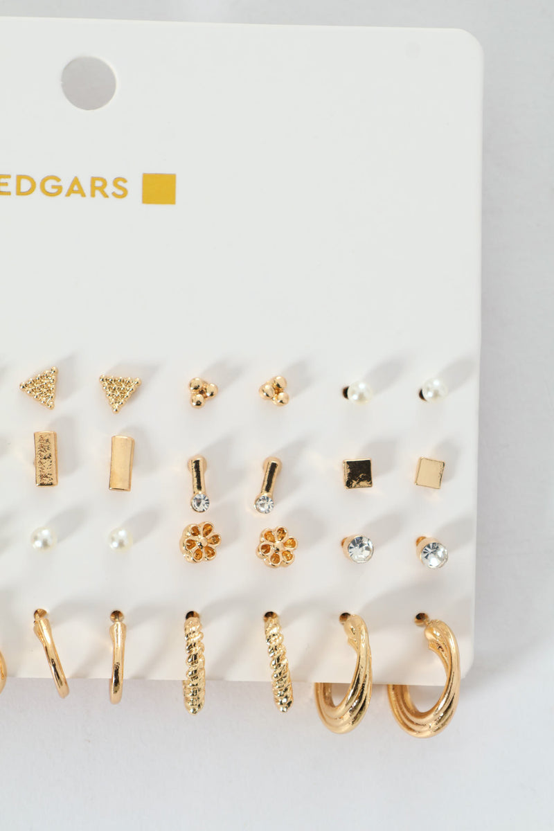 20 Pack Floral Stud Small Hoop Earrings - Gold