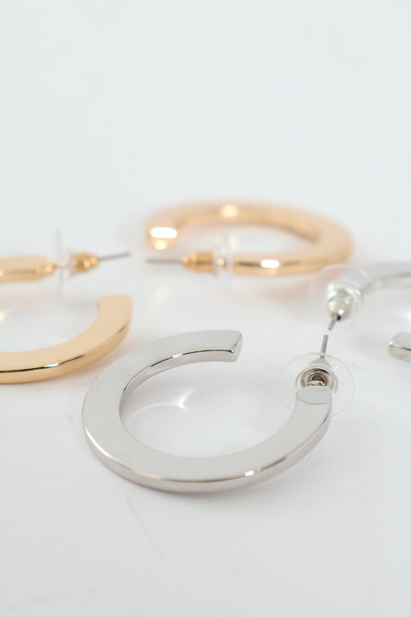 2 Pack Flat Hoop Earrings - Gold/Silver