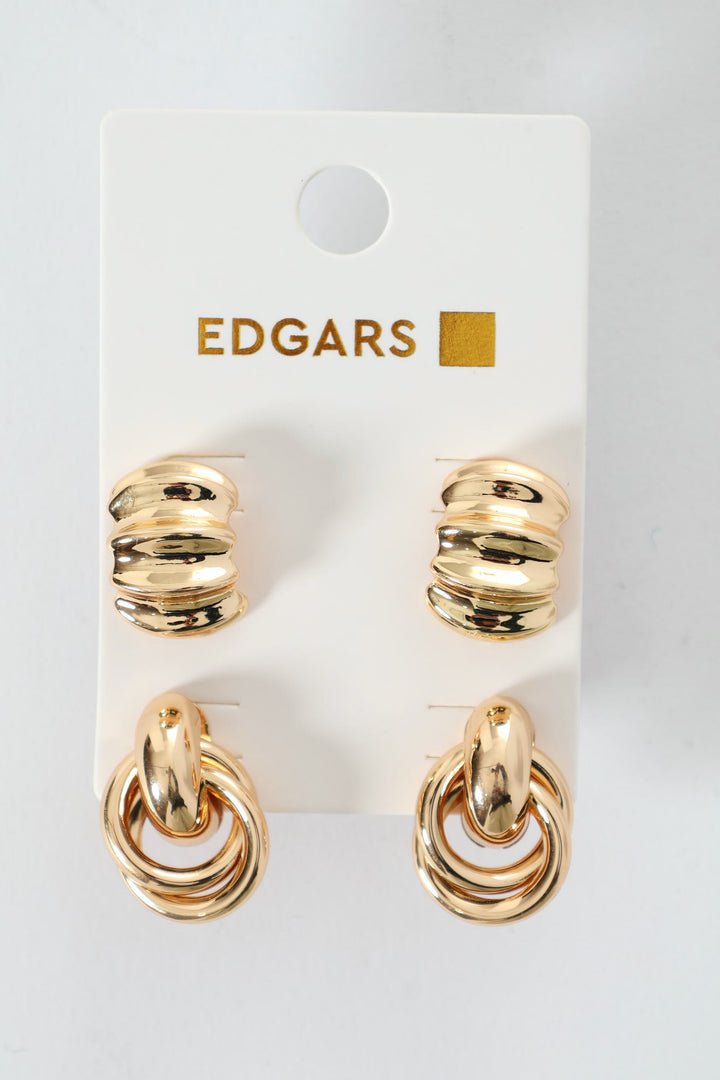 2 Pack Small Rigid Hoop & Doorknocker Earrings - Gold
