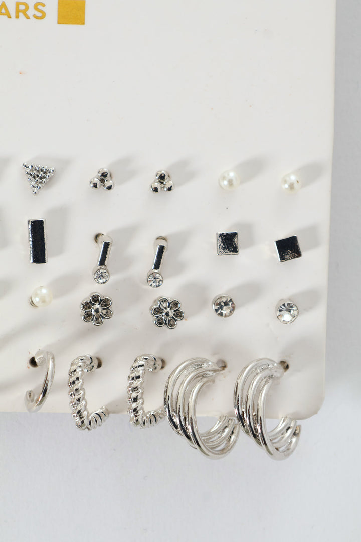 20 Pack Floral Stud Small Hoop Earrings - Silver