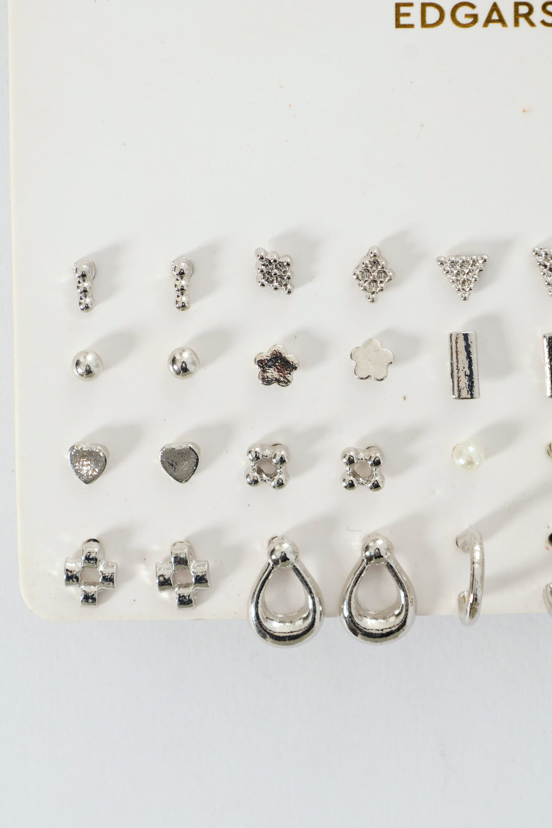 20 Pack Floral Stud Small Hoop Earrings - Silver