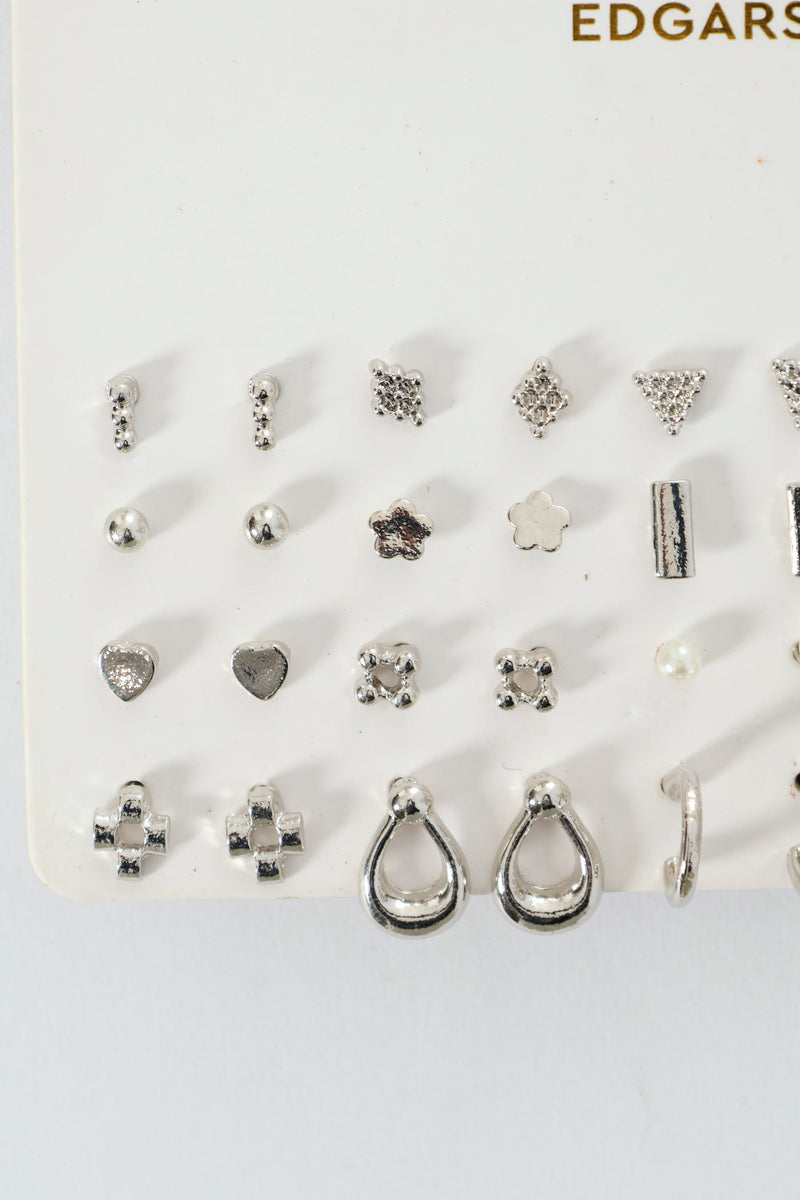 20 Pack Floral Stud Small Hoop Earrings - Silver