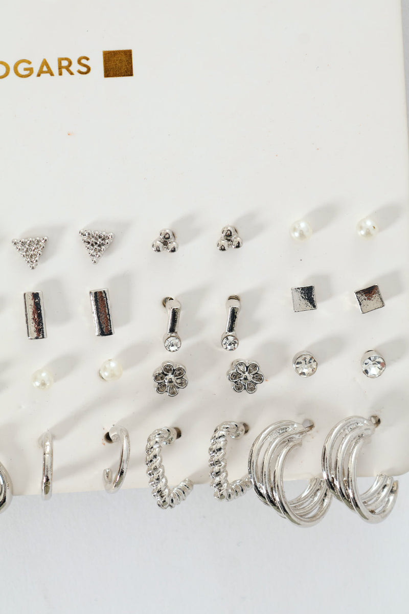20 Pack Floral Stud Small Hoop Earrings - Silver