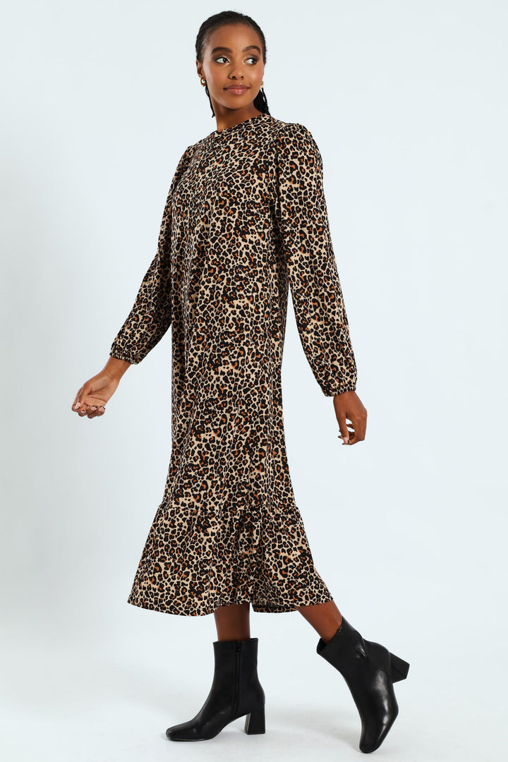 Long Sleeve Puff Sleeve Frill Hem Midi Dress