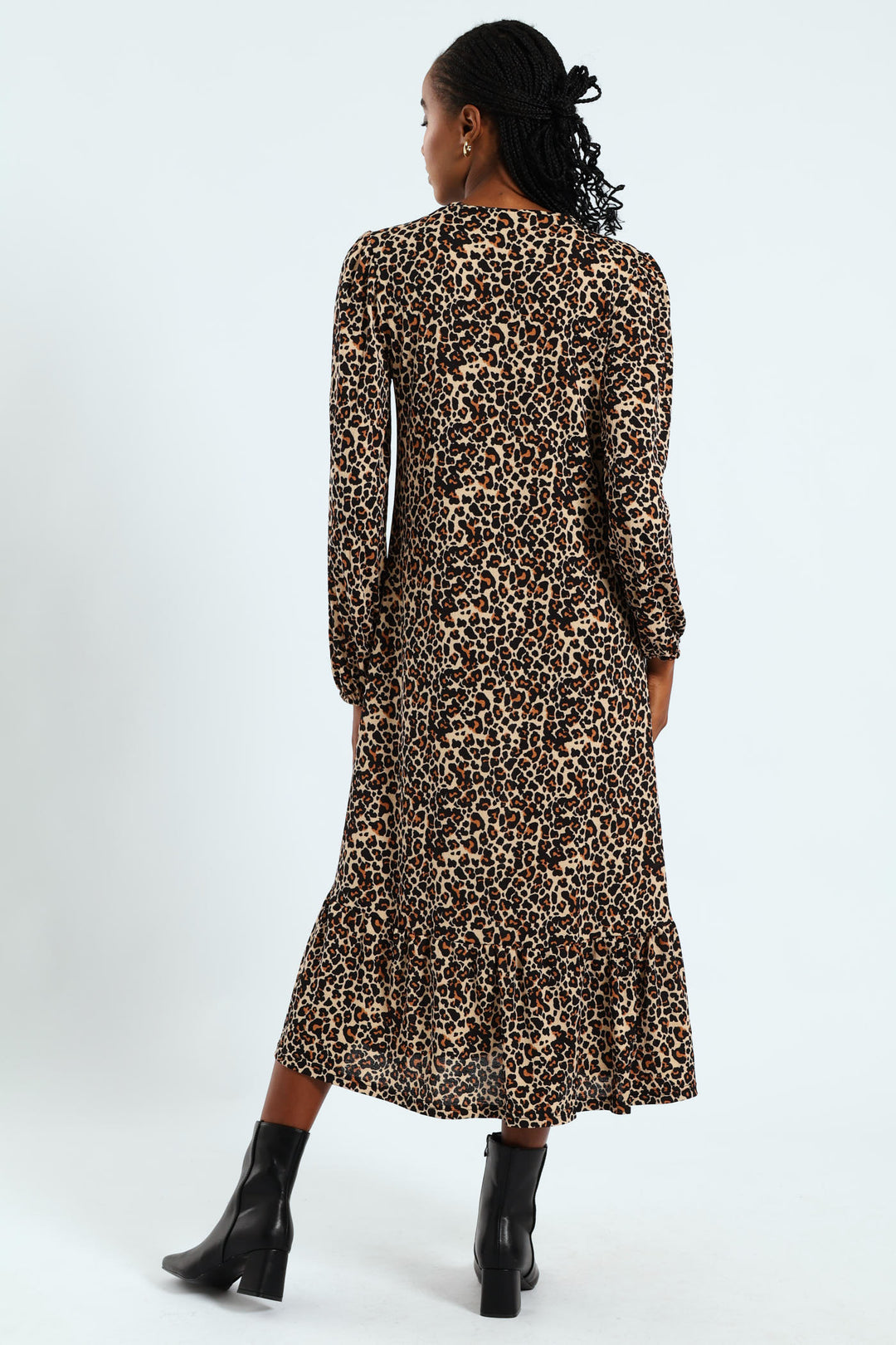 Long Sleeve Puff Sleeve Frill Hem Midi Dress