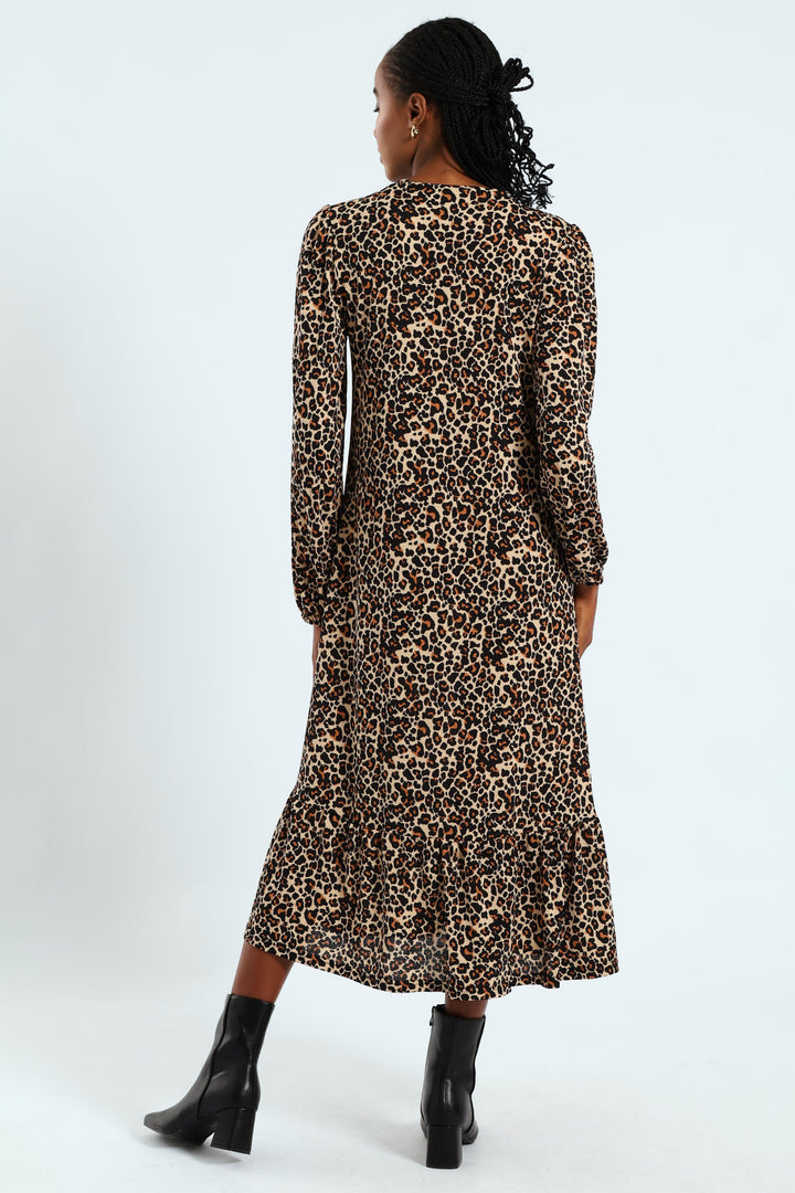 Long Sleeve Puff Sleeve Frill Hem Midi Dress