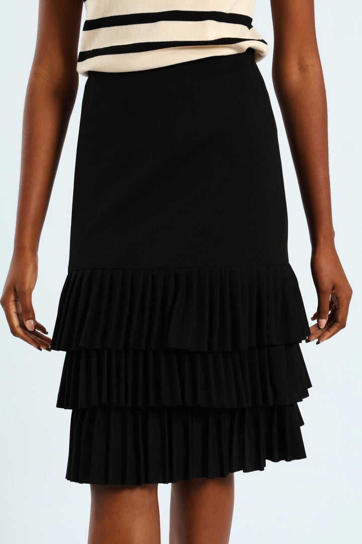Pleated Hem Pencil Skirt - Black