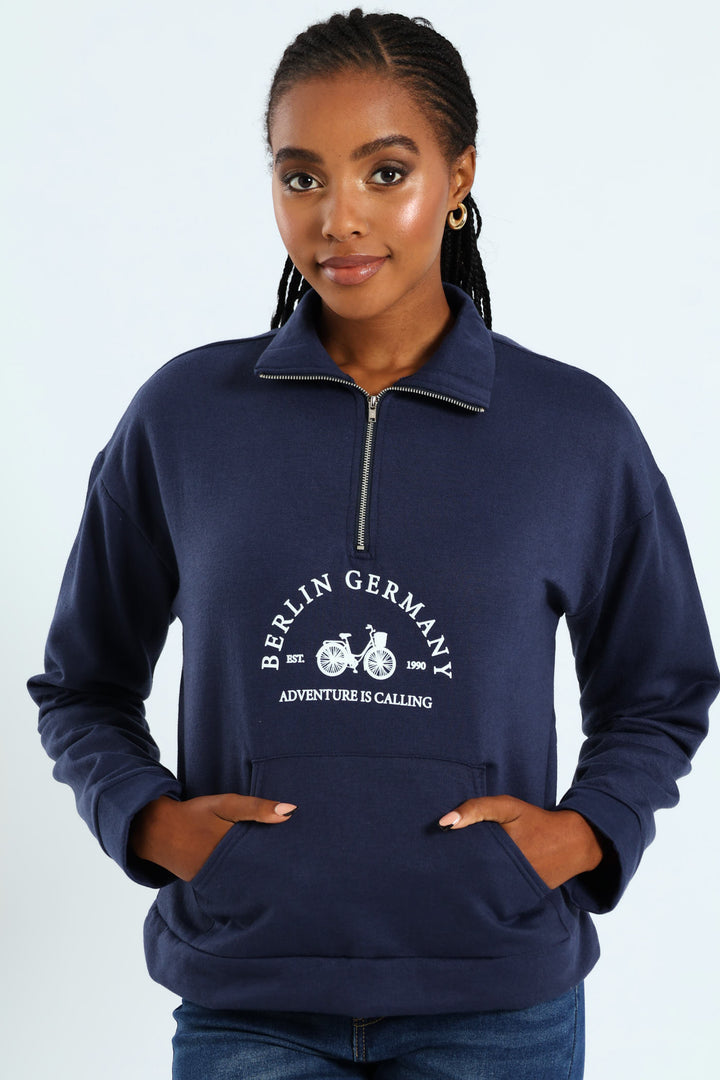Long Sleeve Slogan Bicycle Zip Funnel Neck Pullover - French Navy