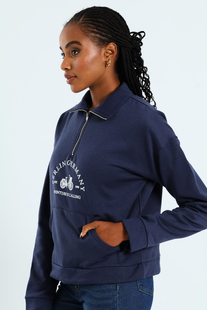 Long Sleeve Slogan Bicycle Zip Funnel Neck Pullover - French Navy