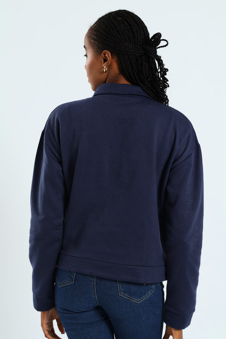 Long Sleeve Slogan Bicycle Zip Funnel Neck Pullover - French Navy