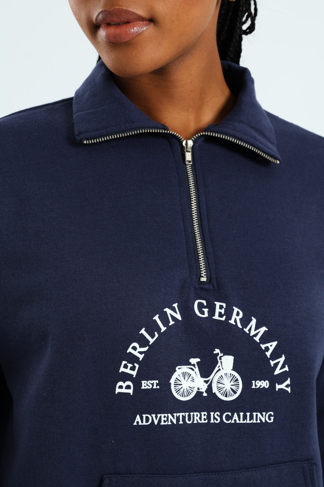 Long Sleeve Slogan Bicycle Zip Funnel Neck Pullover - French Navy