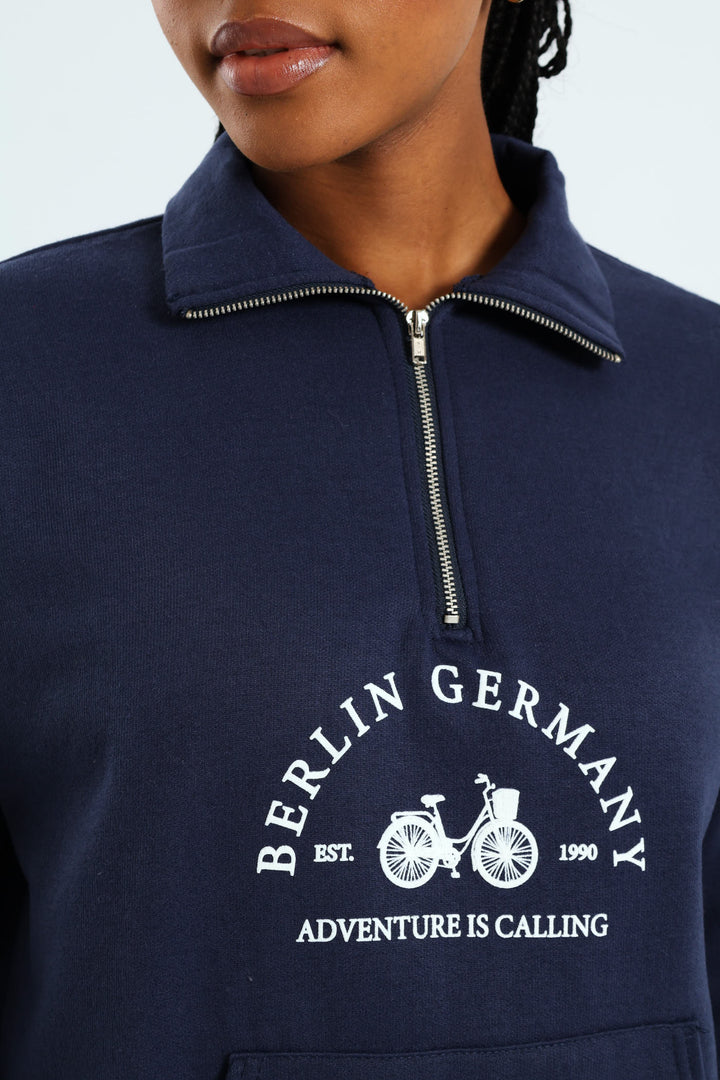 Long Sleeve Slogan Bicycle Zip Funnel Neck Pullover - French Navy