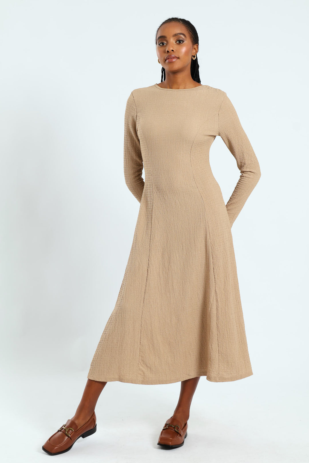 dark beige dress Ladies Fit & Flare Panelled Knit Midi Dress
