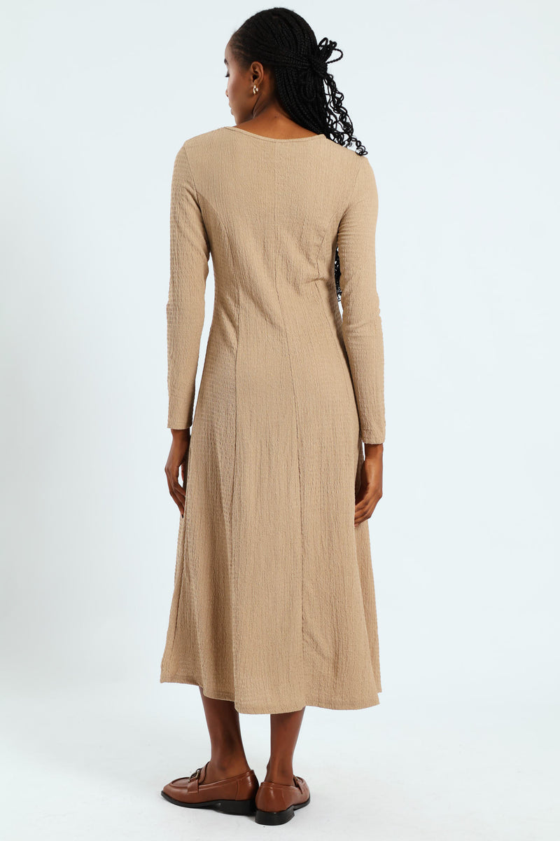 Fit & Flare Panelled Knit Midi Dress - Dark Beige