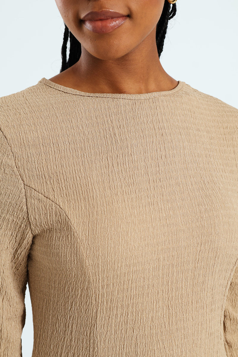 Fit & Flare Panelled Knit Midi Dress - Dark Beige