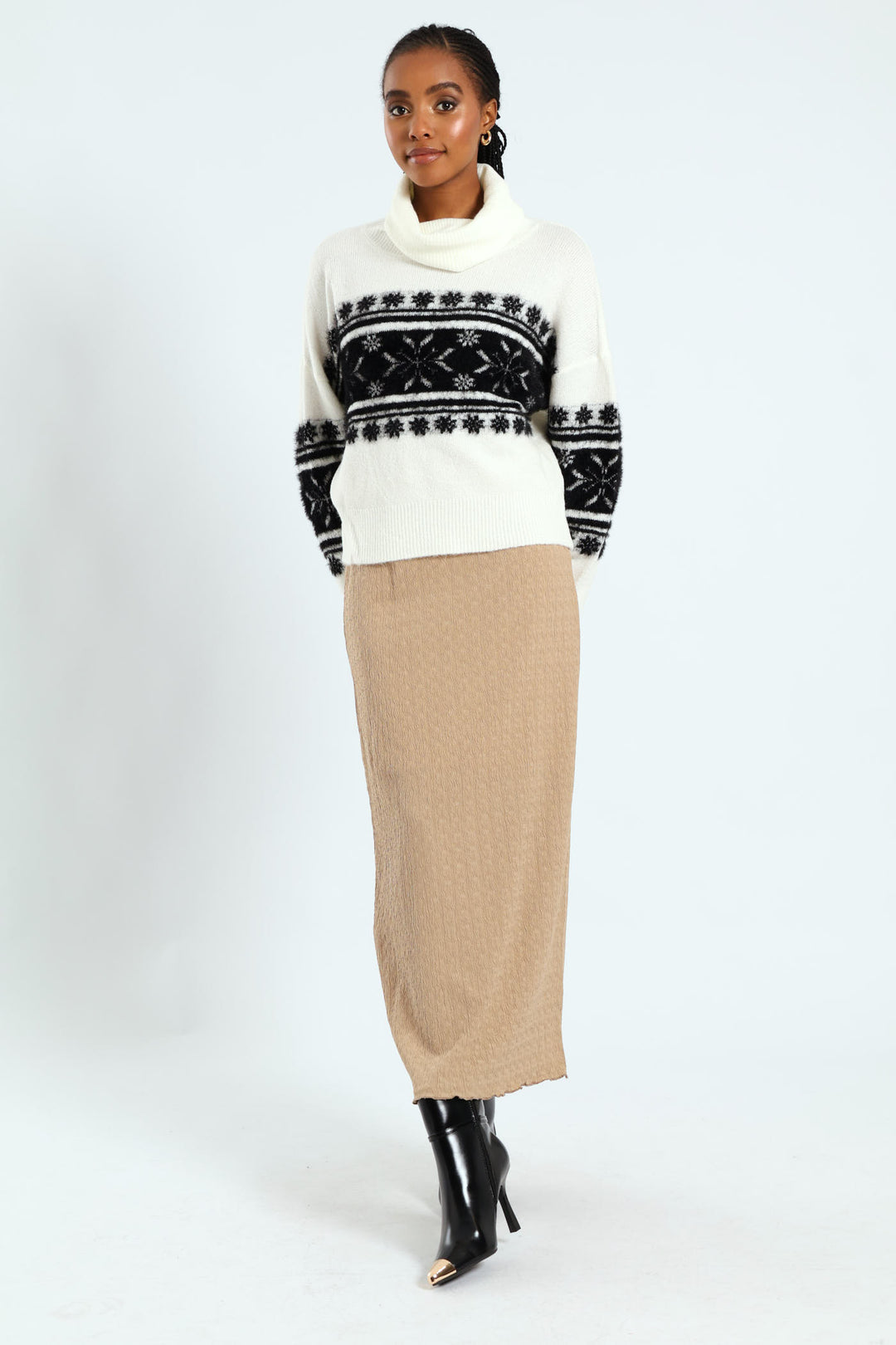 Cowl Neck Fairisle Pullover - Black/White