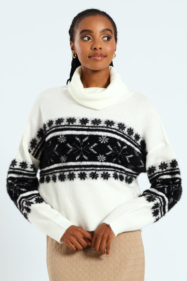Cowl Neck Fairisle Pullover - Black/White