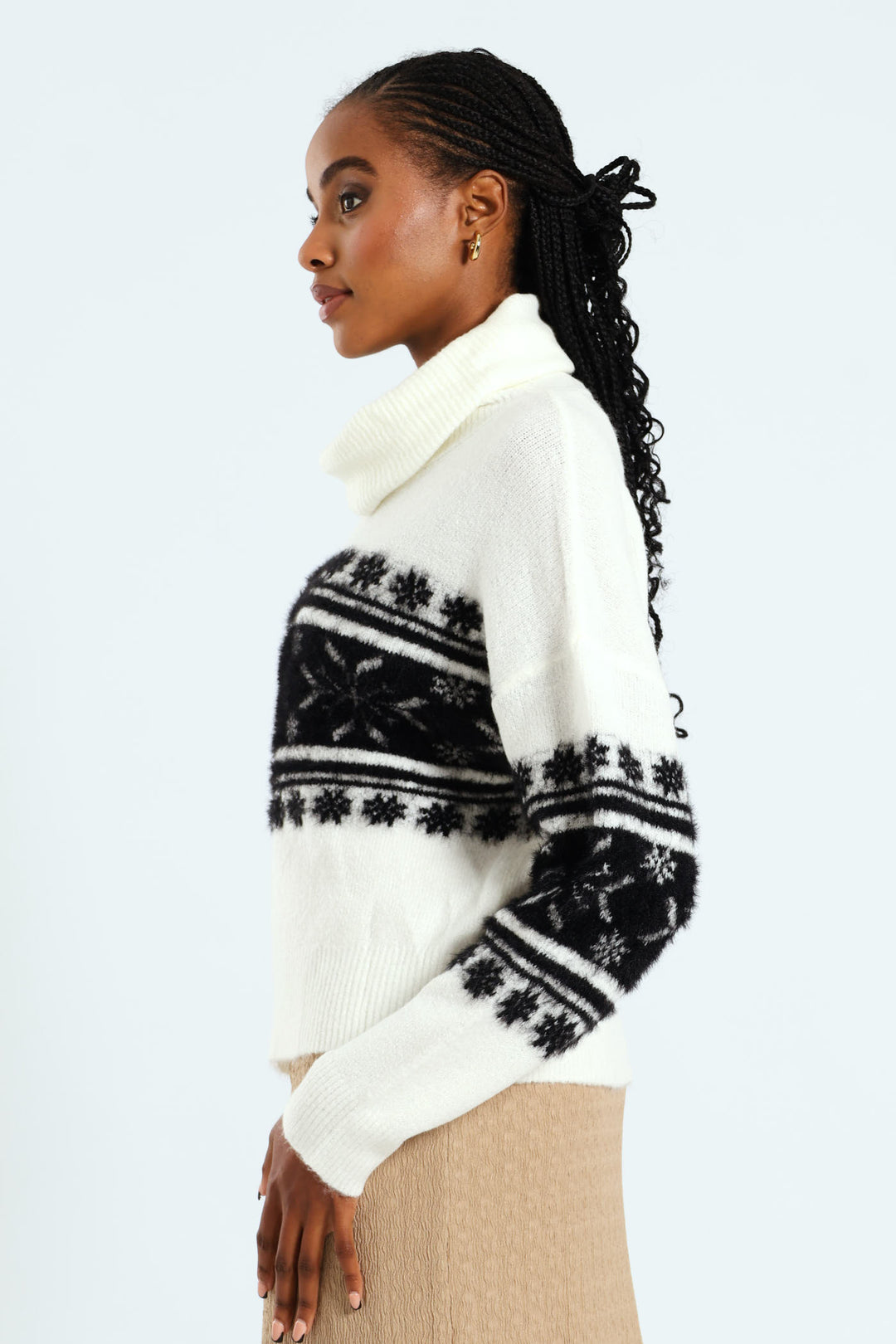 Cowl Neck Fairisle Pullover - Black/White