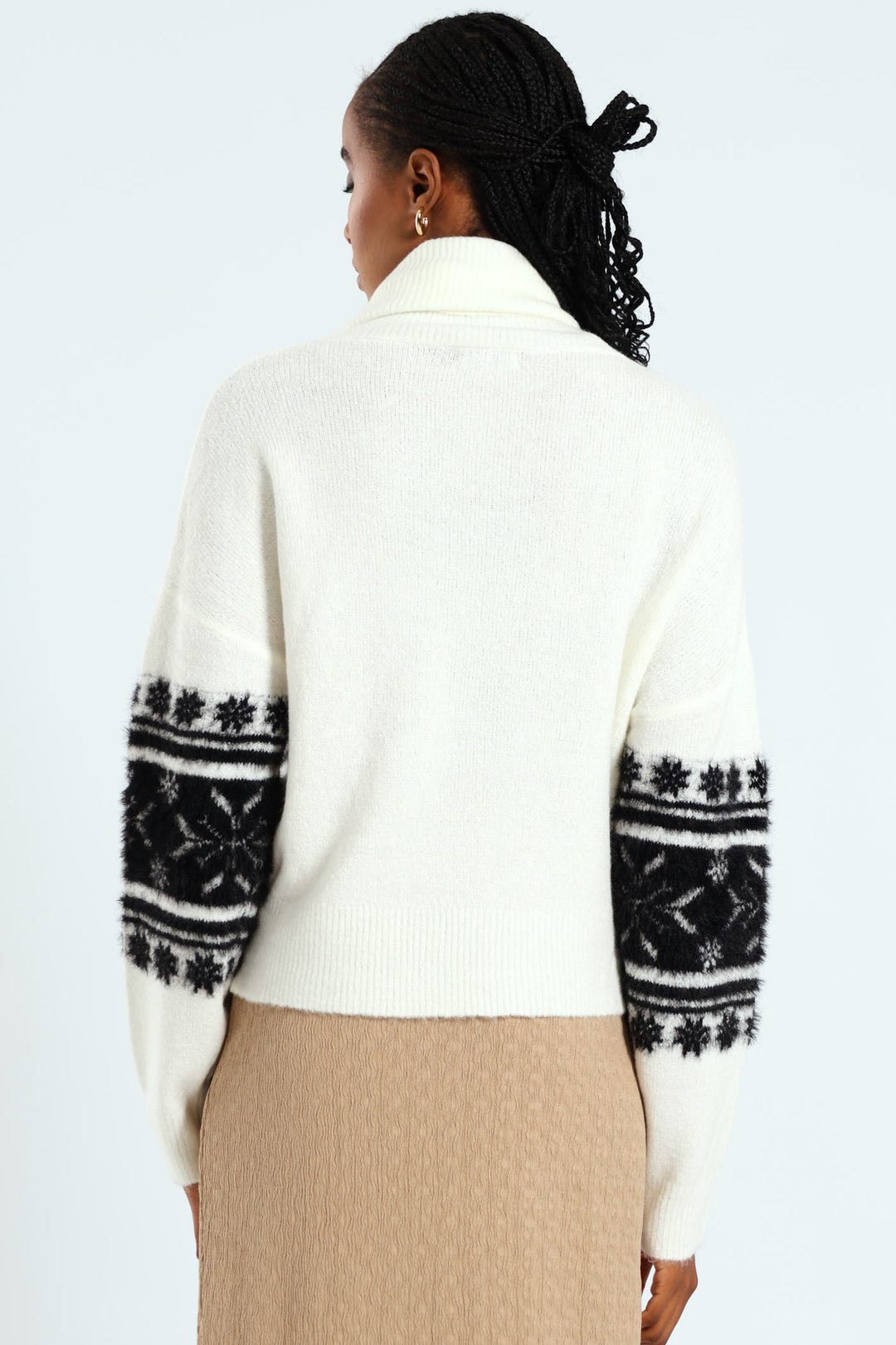 Cowl Neck Fairisle Pullover - Black/White