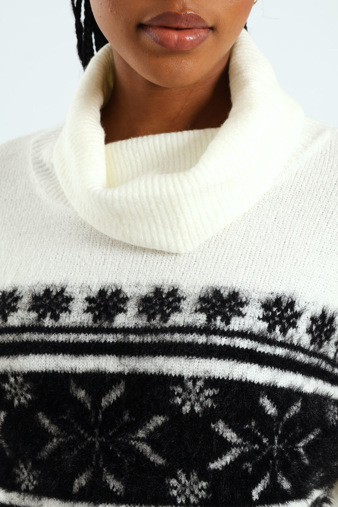 Cowl Neck Fairisle Pullover - Black/White