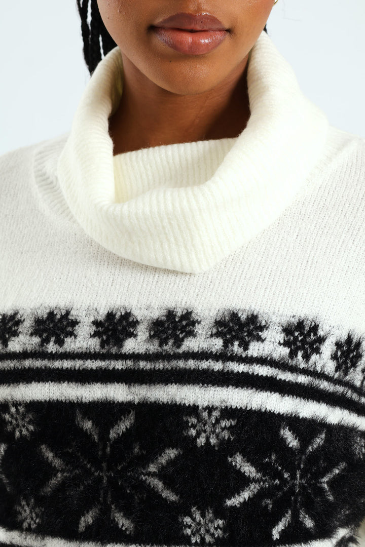 Cowl Neck Fairisle Pullover - Black/White