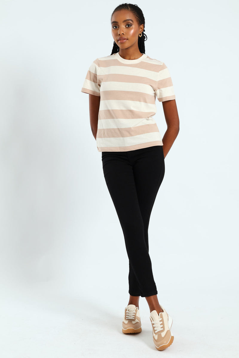 Boxy Bold Stripe Tee With Plain Rib Neck Detail - Taupe/Cream