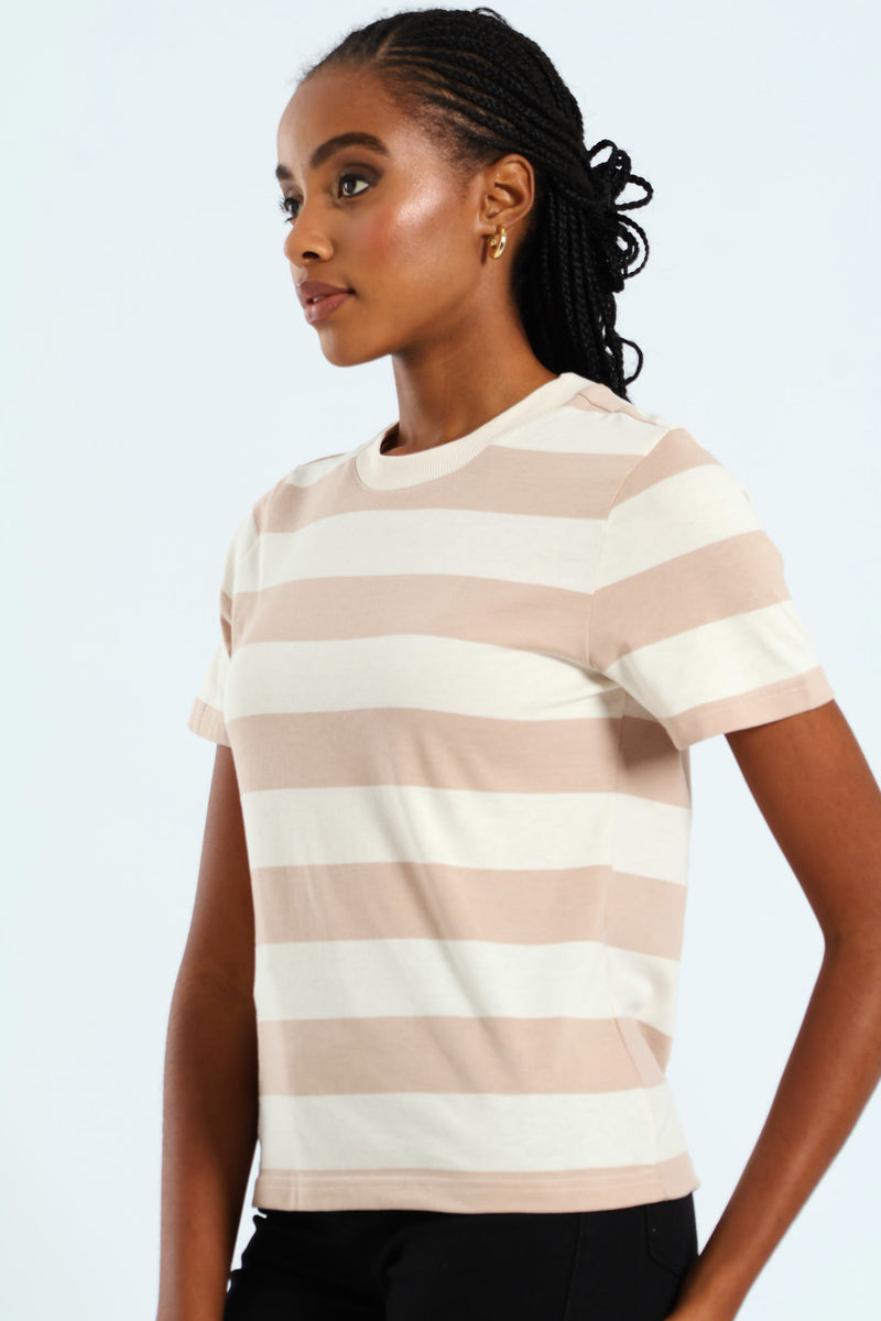 Boxy Bold Stripe Tee With Plain Rib Neck Detail - Taupe/Cream