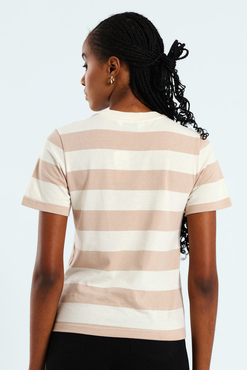 Boxy Bold Stripe Tee With Plain Rib Neck Detail - Taupe/Cream