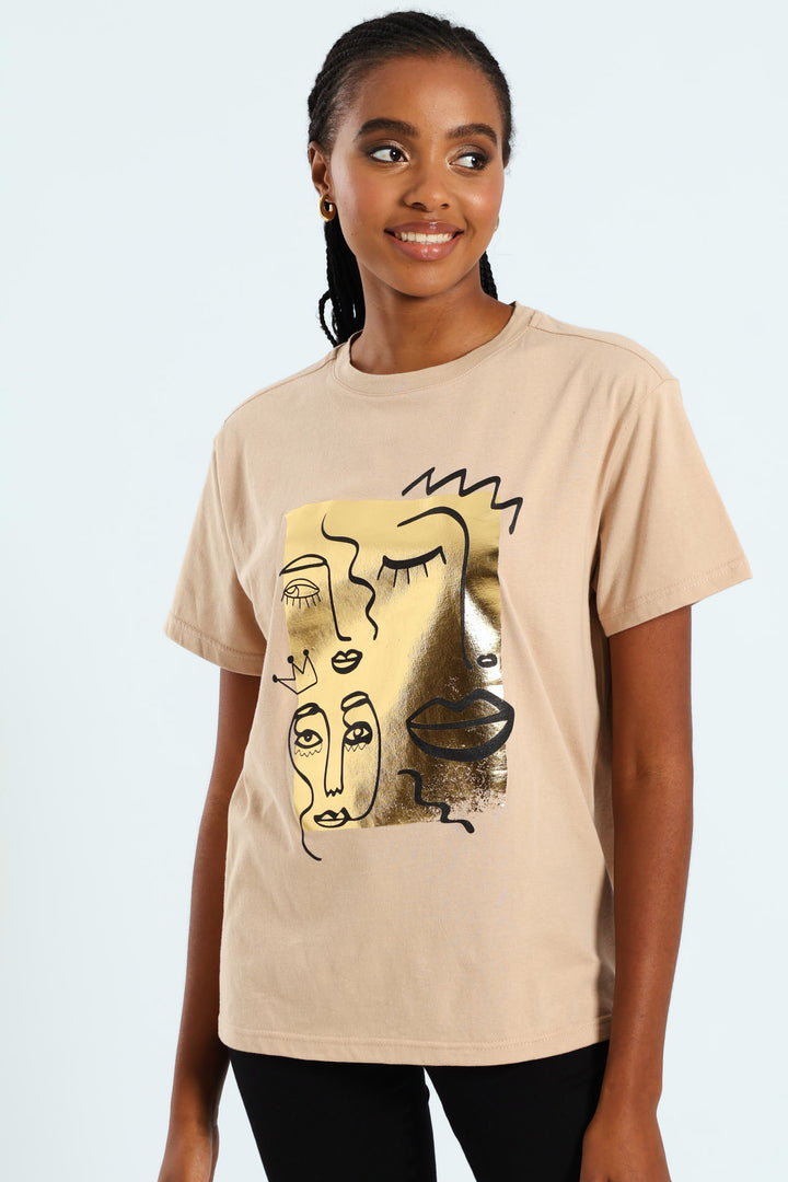 Abstract Faces Foil Tee - Beige