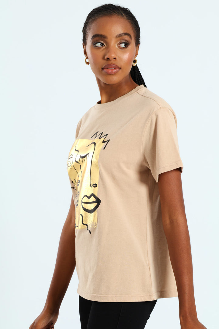Abstract Faces Foil Tee - Beige