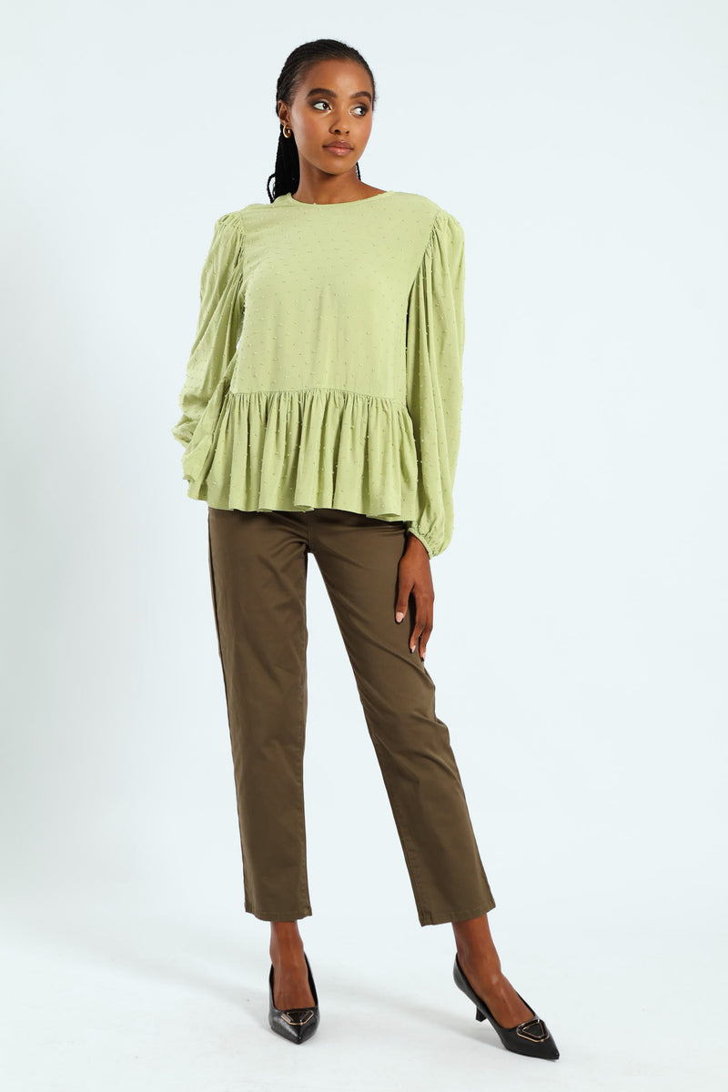 Dobby Clip Spot Popover Babydoll Blouse - Matcha