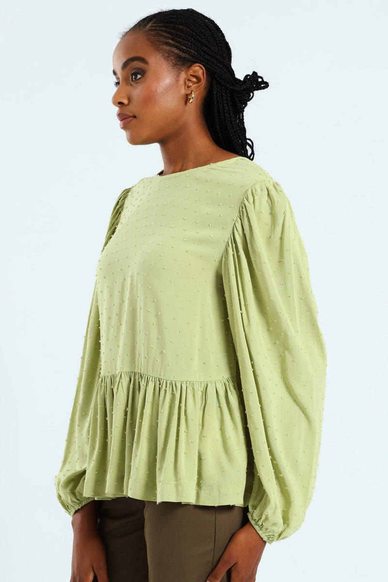 Dobby Clip Spot Popover Babydoll Blouse - Matcha