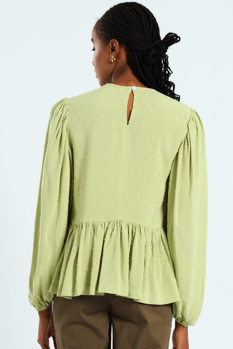 Dobby Clip Spot Popover Babydoll Blouse - Matcha