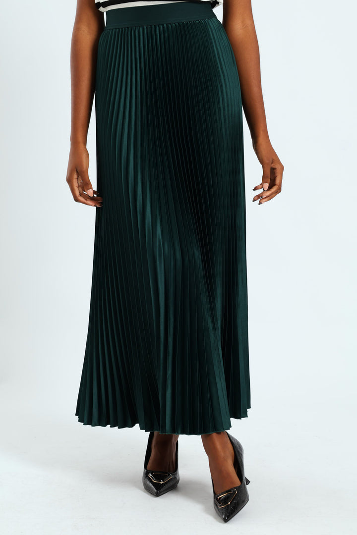 Pleated Satin Maxi Skirt - Emerald