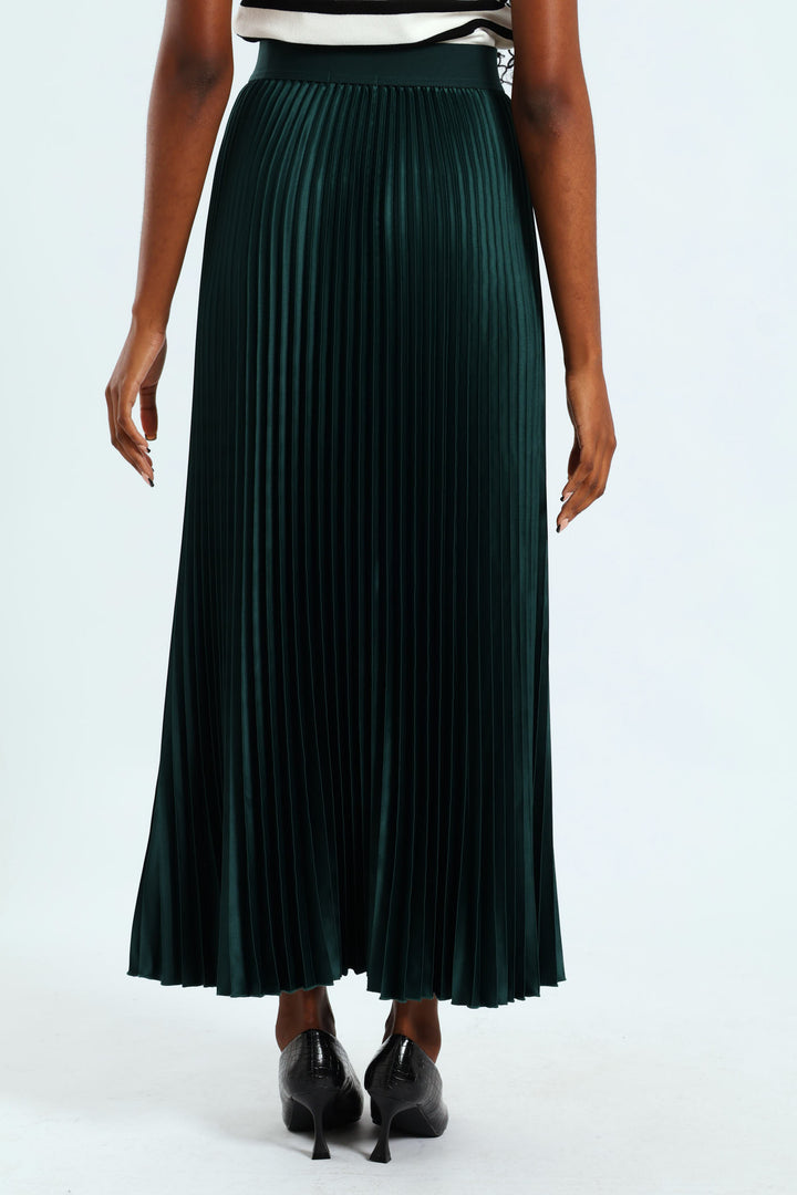 Pleated Satin Maxi Skirt - Emerald