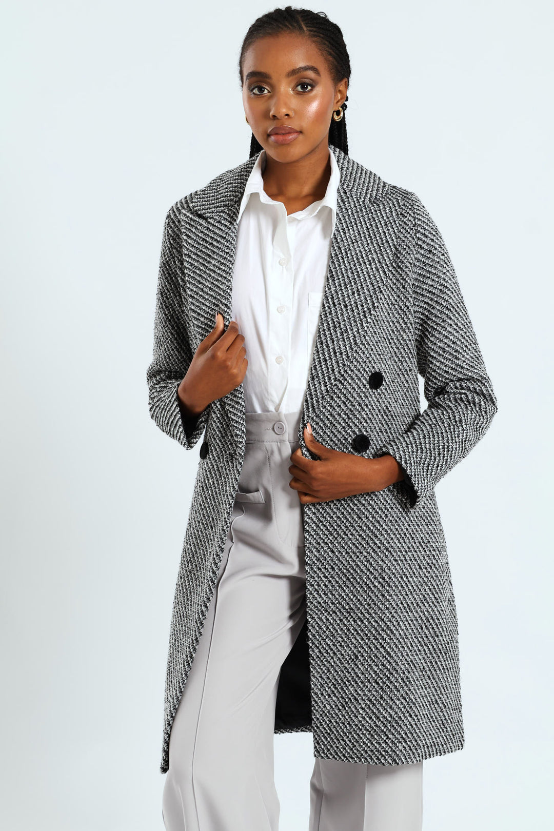 Double Breasted Chevron Tweed Coat - Black/Grey