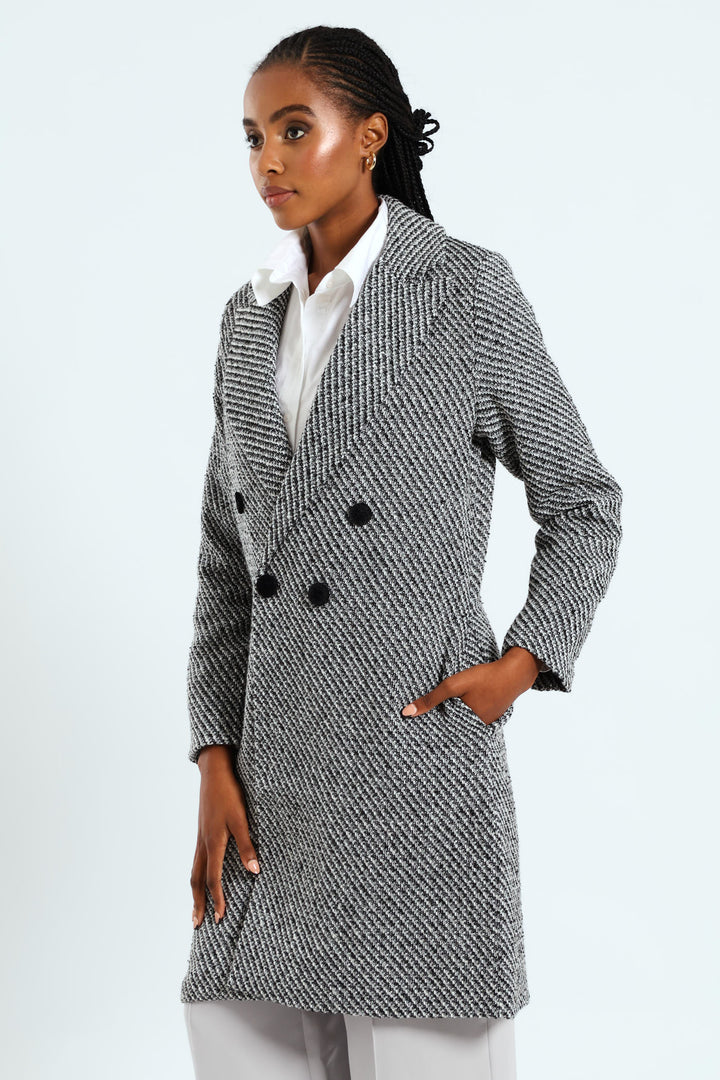 Double Breasted Chevron Tweed Coat - Black/Grey