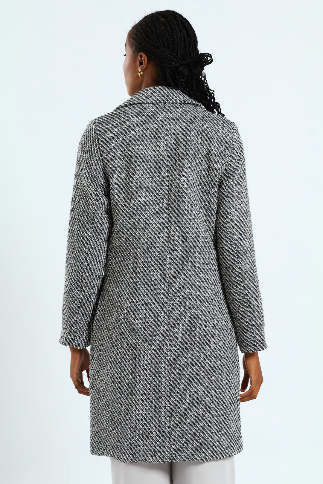 Double Breasted Chevron Tweed Coat - Black/Grey