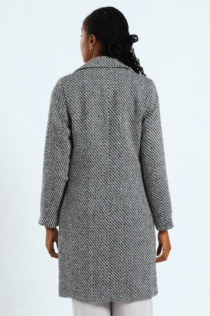 Double Breasted Chevron Tweed Coat - Black/Grey