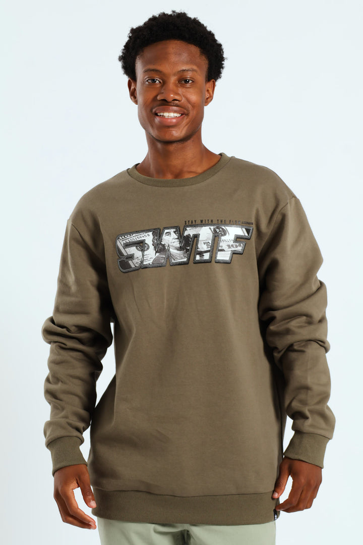 Print Fleece Crew Top - Khaki